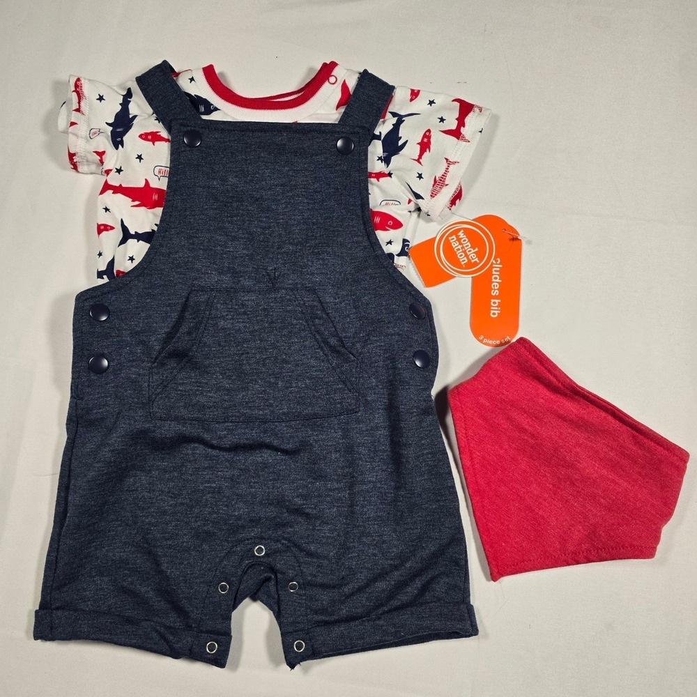Wonder Nation Baby Boys 3-6M Shark T-Shirt Overalls and Bib Set Navy Red NEW